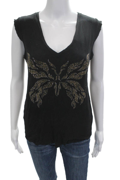 Zadig & Voltaire Womens V-Neck Black Butterfly Viscose T-Shirt Size M
