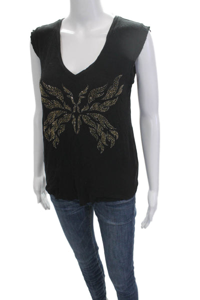 Zadig & Voltaire Womens V-Neck Black Butterfly Viscose T-Shirt Size M