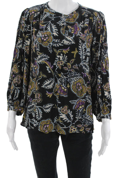 Ba&Sh Women Bohemian Floral Round Neck 3/4 Sleeve Black Polyester Blouse Size 1
