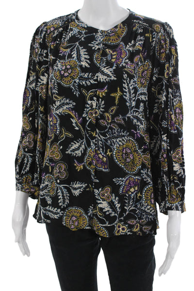 Ba&Sh Women Bohemian Floral Round Neck 3/4 Sleeve Black Polyester Blouse Size 1