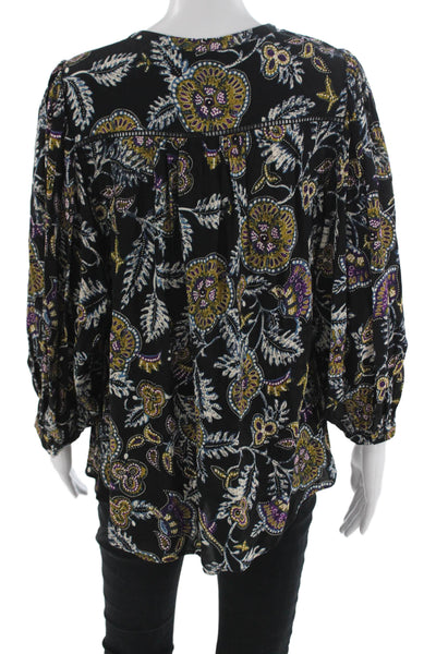 Ba&Sh Women Bohemian Floral Round Neck 3/4 Sleeve Black Polyester Blouse Size 1