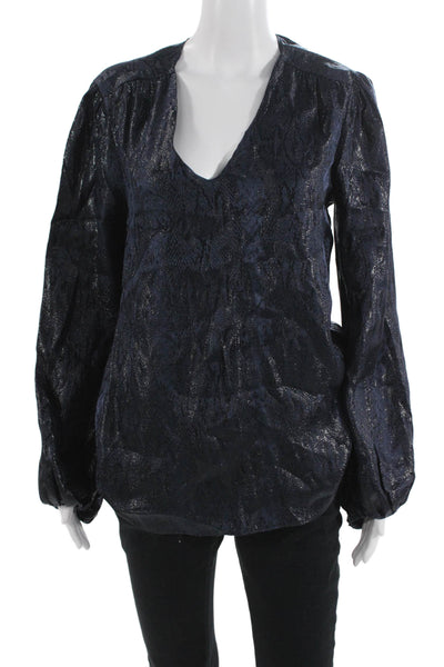 L'Agence Womens V-Neck Silk Nylon Long Sleeve Blouse Dark Blue Designer Size 6
