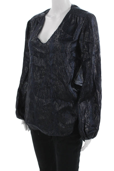 L'Agence Womens V-Neck Silk Nylon Long Sleeve Blouse Dark Blue Designer Size 6