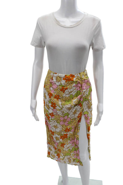Rahi Womens Straight Pencil Skirt Orange Floral Rayon Midi Size S