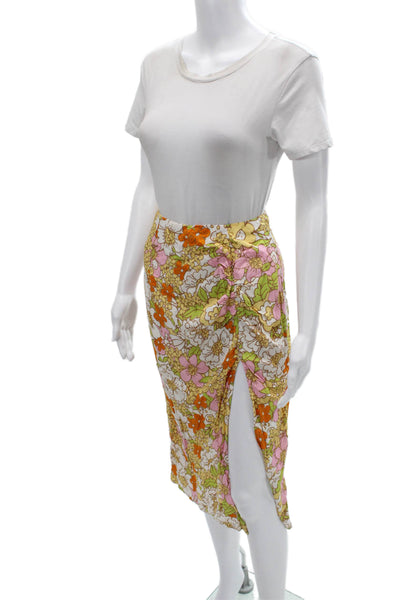 Rahi Womens Straight Pencil Skirt Orange Floral Rayon Midi Size S