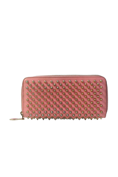 Christian Louboutin Womens Leather Studded Zip Around Wallet Pink