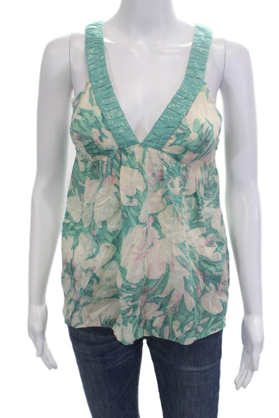 Rebecca Taylor Women Green Floral V-Neck Cotton Camisole Drawstring Size 4