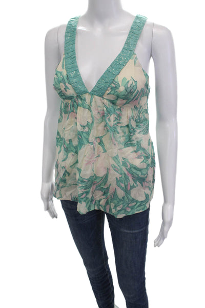 Rebecca Taylor Women Green Floral V-Neck Cotton Camisole Drawstring Size 4