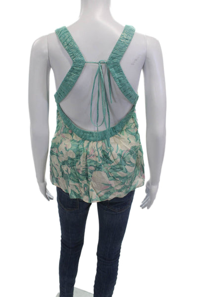 Rebecca Taylor Women Green Floral V-Neck Cotton Camisole Drawstring Size 4