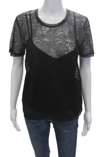 Maje Women Black Floral Crew Neck Gothic Short Sleeve T-Shirt Size 2