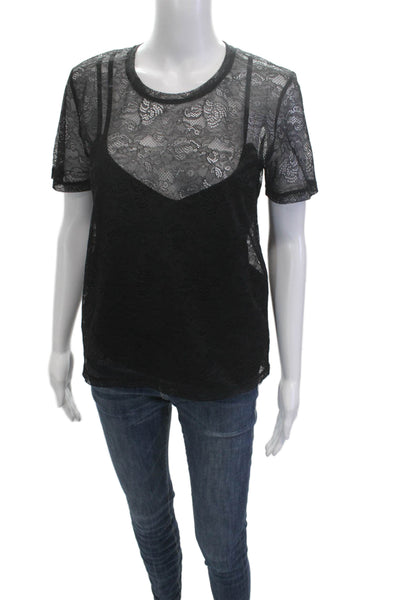 Maje Women Black Floral Crew Neck Gothic Short Sleeve T-Shirt Size 2