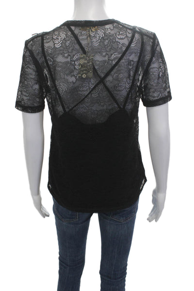 Maje Women Black Floral Crew Neck Gothic Short Sleeve T-Shirt Size 2