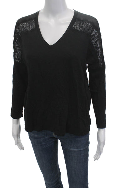 Sandro Women V-Neck Black Sweater Long Sleeve Cotton Blend Designer Size 3