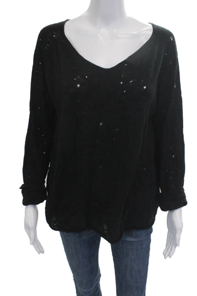 Maje Unisex Black Linen Cotton V-Neck Long Sleeve Pullover Size 3