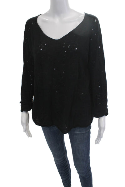Maje Unisex Black Linen Cotton V-Neck Long Sleeve Pullover Size 3