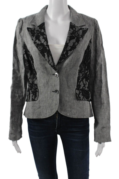 Jon Womens Floral Linen Blazer Collared Button Long Sleeve Gray Size S
