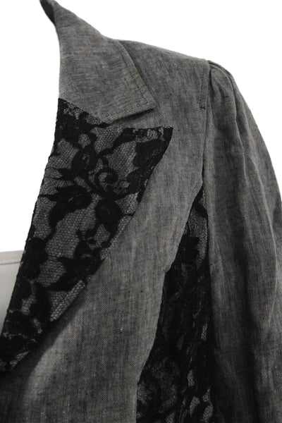 Jon Womens Floral Linen Blazer Collared Button Long Sleeve Gray Size S