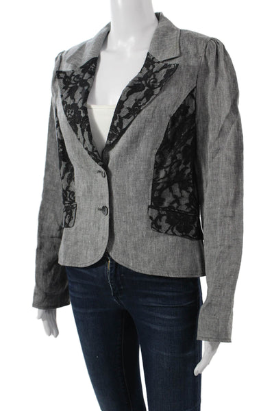 Jon Womens Floral Linen Blazer Collared Button Long Sleeve Gray Size S