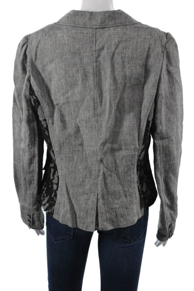 Jon Womens Floral Linen Blazer Collared Button Long Sleeve Gray Size S