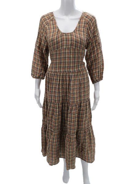 LIDO Womens Maxi Plaid Mid-Calf Dress Beige 3/4 Sleeve Round Neck Size One Size