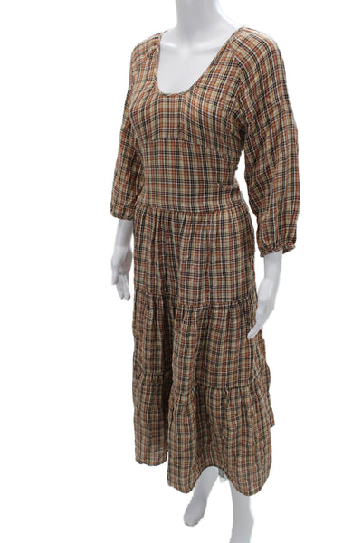 LIDO Womens Maxi Plaid Mid-Calf Dress Beige 3/4 Sleeve Round Neck Size One Size