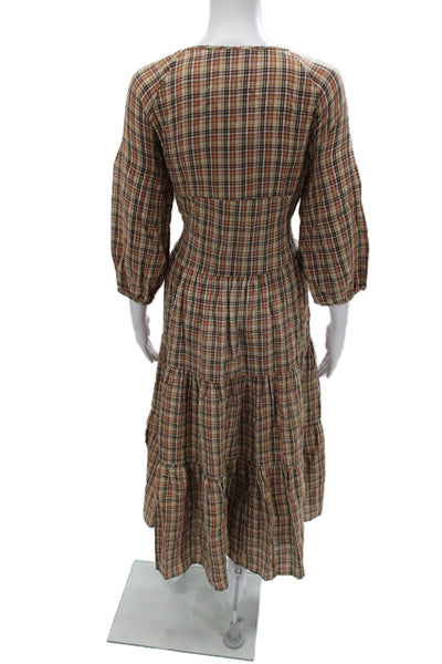LIDO Womens Maxi Plaid Mid-Calf Dress Beige 3/4 Sleeve Round Neck Size One Size