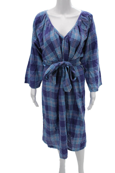 bellero Womens Blue Plaid Cotton V Neck Long Sleeve Knee Length Dress Size M