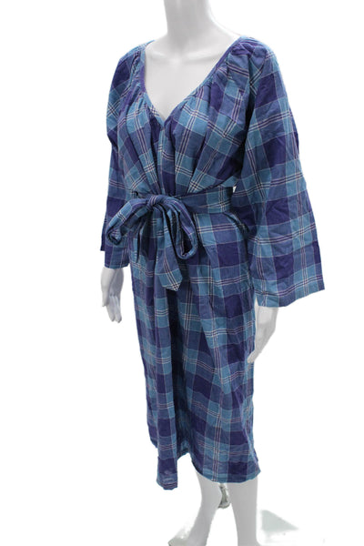 bellero Womens Blue Plaid Cotton V Neck Long Sleeve Knee Length Dress Size M