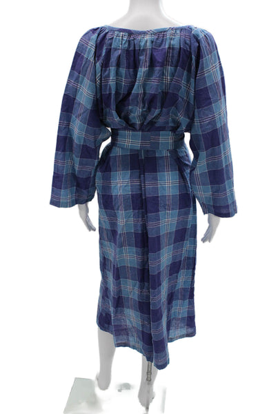 bellero Womens Blue Plaid Cotton V Neck Long Sleeve Knee Length Dress Size M