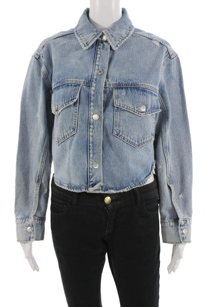 Zara Womens Light Blue Cotton Collared Long Sleeve Jacket Size XS
