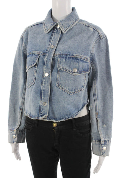 Zara Womens Light Blue Cotton Collared Long Sleeve Jacket Size XS
