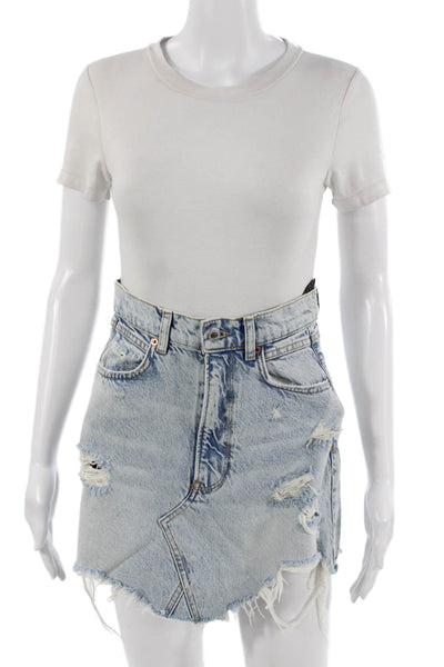 Zara Women A-Line Mini Cotton Skirt Light Blue Short Size S