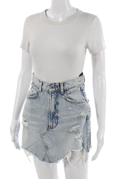 Zara Women A-Line Mini Cotton Skirt Light Blue Short Size S