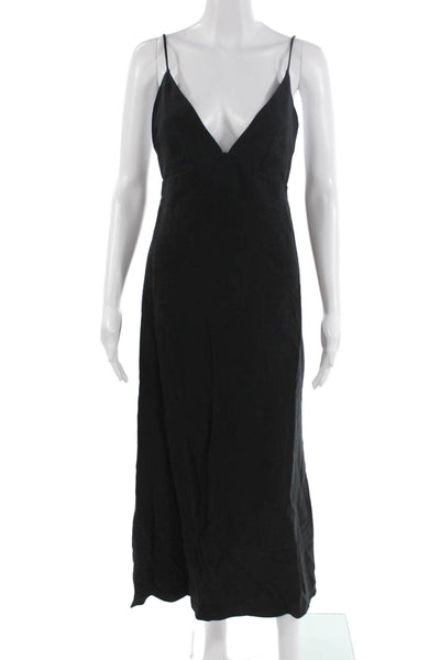 Zara Womens Maxi Slip Dress Black V Neck Zip Sleeveless Lyocell Size XS