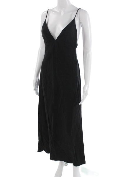 Zara Womens Maxi Slip Dress Black V Neck Zip Sleeveless Lyocell Size XS