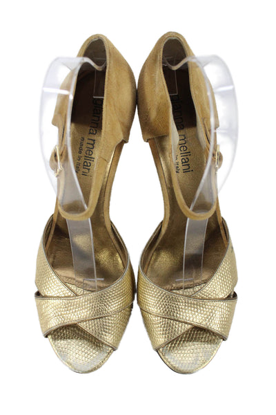 Gianni Meliani Womens Leather Cross Strap Sandal Heels Gold Size 37.5 7.5