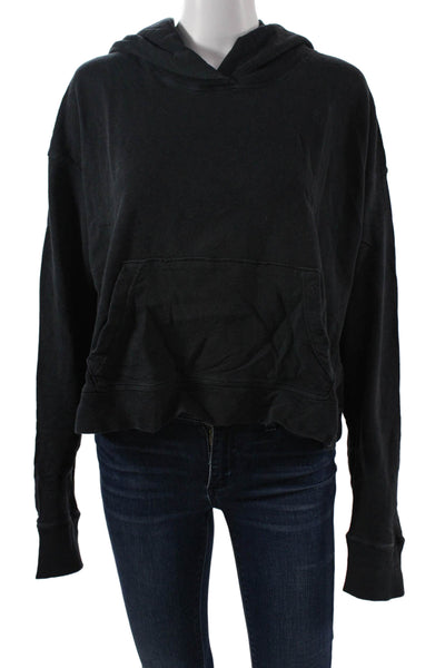 James Perse Women Black Pullover Hoodies 100% Cotton Long Sleeve Size 2