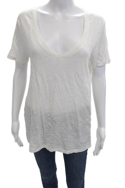 Monrow Womens Basic Linen V-Neck Short Sleeve T-Shirt White Size S