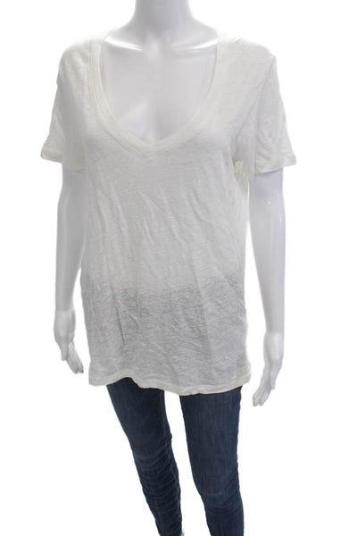 Monrow Womens Basic Linen V-Neck Short Sleeve T-Shirt White Size S