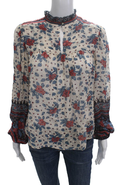 Ulla Johnson Womens Bohemian Floral High Neck Long Sleeve Blouse Beige Size 2