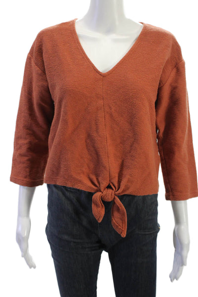 Madewell Women Cropped V-Neck Sweater Brown 3/4 Sleeve Tie Cotton Size M