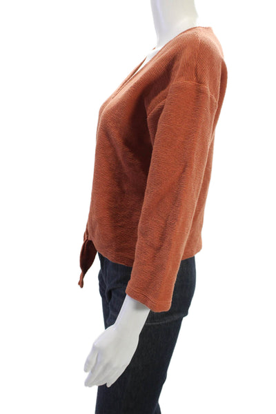 Madewell Women Cropped V-Neck Sweater Brown 3/4 Sleeve Tie Cotton Size M