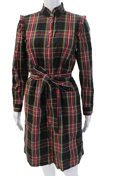 J Crew Women Shirt Dress Black Plaid Button Long Sleeve Midi Size 2