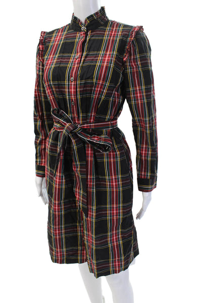 J Crew Women Shirt Dress Black Plaid Button Long Sleeve Midi Size 2