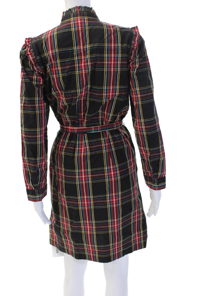 J Crew Women Shirt Dress Black Plaid Button Long Sleeve Midi Size 2