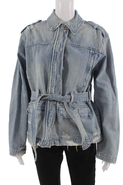 Zara Womens Light Blue Cotton Military Jacket Button Collared Grunge Size XS
