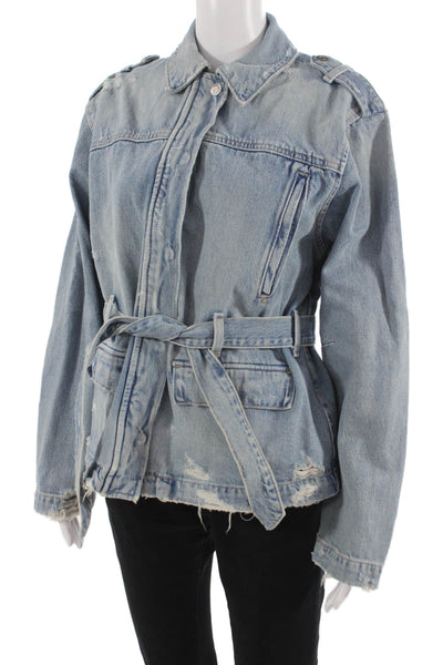 Zara Womens Light Blue Cotton Military Jacket Button Collared Grunge Size XS