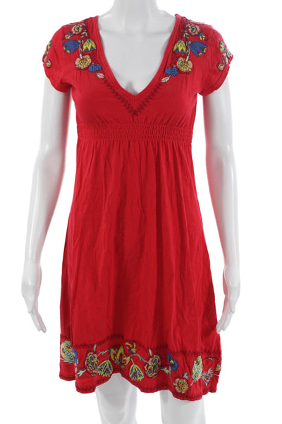 JWLA Women A-Line Sundress Red Floral V-Neck Short Sleeve 100% Cotton Size S