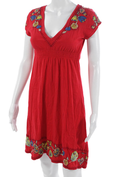 JWLA Women A-Line Sundress Red Floral V-Neck Short Sleeve 100% Cotton Size S