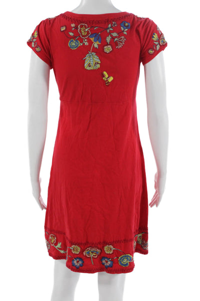 JWLA Women A-Line Sundress Red Floral V-Neck Short Sleeve 100% Cotton Size S